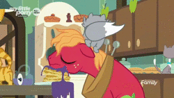 Size: 640x360 | Tagged: safe, derpibooru import, edit, edited screencap, screencap, sound edit, big macintosh, cat, earth pony, pony, going to seed, animated, bags under eyes, cats doing cat things, floppy ears, goldie delicious' cats, kitchen, male, meme, sleep deprivation, solo, sound, stallion, the eric andre show, we'll be right back, webm