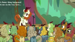 Size: 1280x720 | Tagged: autumn afternoon, autumn blaze, butt, cinder glow, comedy, derpibooru import, dialogue, edit, edited screencap, fern flare, forest fall, kirin, maple brown, microphone, plot, pumpkin smoke, safe, screencap, sounds of silence, sparkling brook, spring glow, stage, summer flare, winter flame