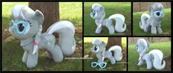 Size: 4140x1754 | Tagged: safe, artist:peruserofpieces, derpibooru import, silver spoon, earth pony, pony, accessories, braid, female, filly, from behind, front view, glasses, hairclip, irl, jewelry, necklace, pearl necklace, photo, plushie, ponytail, profile, solo, toy