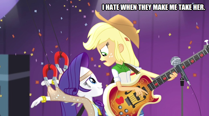 Size: 800x446 | Tagged: safe, derpibooru import, edit, edited screencap, screencap, applejack, rarity, equestria girls, rainbow rocks, bass guitar, caption, cowboy hat, duo, female, hat, image macro, magnet, microphone, musical instrument, text