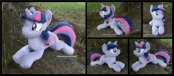 Size: 3975x1754 | Tagged: alicorn, artist:peruserofpieces, beanie (plushie), commission, derpibooru import, female, folded wings, front view, happy, horn, irl, lying down, mare, photo, plushie, profile, prone, rear view, safe, smiling, solo, sploot, toy, twilight sparkle, twilight sparkle (alicorn), wings