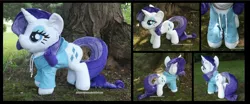 Size: 4230x1754 | Tagged: safe, artist:peruserofpieces, derpibooru import, rarity, unicorn, accessory, clothes, hoodie, horn, irl, jacket, lidded eyes, photo, plushie, profile, solo, toy