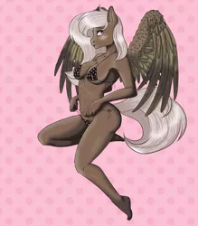 Size: 1400x1600 | Tagged: anthro, artist:keitunore, bikini, breasts, clothes, commission, derpibooru import, female, married, oc, oc:warm love, pegasus, polka dot swimsuit, solo, solo female, suggestive, swimsuit, thong swimsuit, underwear pull, ych result