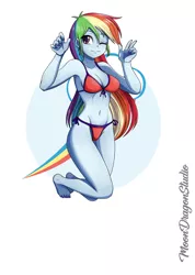 Size: 900x1265 | Tagged: suggestive, artist:silver-wingx, derpibooru import, rainbow dash, equestria girls, barefoot, belly button, breasts, busty rainbow dash, clothes, feet, female, nail polish, one eye closed, simple background, solo, solo female, swimsuit, white background, wink