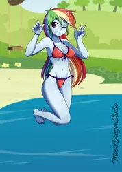 Size: 900x1265 | Tagged: suggestive, artist:silver-wingx, derpibooru import, rainbow dash, equestria girls, barefoot, belly button, bikini, breasts, busty rainbow dash, clothes, feet, female, nail polish, one eye closed, sexy, solo, solo female, swimsuit, wink