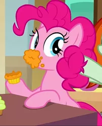 Size: 583x720 | Tagged: crackle cosette, cropped, cupcake, cute, derpibooru import, diapinkes, disguise, disguised changeling, eating, food, messy eating, pinkie pie, queen chrysalis, safe, screencap, solo focus, the mean 6