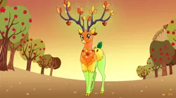 Size: 1192x663 | Tagged: safe, artist:bellbell123, derpibooru import, the great seedling, deer, dryad, going to seed, apple, apple tree, beautiful, branches for antlers, cute, flower, food, solo, tree