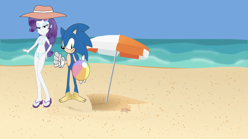 Size: 1920x1075 | Tagged: suggestive, artist:sonicsuperstar1991, derpibooru import, rarity, equestria girls, barefoot, beach, beach ball, belly button, bikini, breasts, clothes, coast, crossover, crossover shipping, feet, female, male, rarisonic, shipping, sonic the hedgehog, sonic the hedgehog (series), sonic without shoes, straight, swimsuit, umbrella