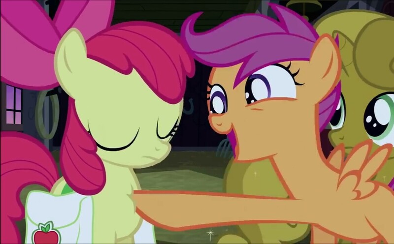 Size: 1162x720 | Tagged: safe, derpibooru import, screencap, apple bloom, scootaloo, sweetie belle, pony, one bad apple, backpack, cute, cutie mark crusaders, eyes closed, happy, open mouth