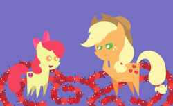Size: 648x397 | Tagged: safe, artist:agrol, derpibooru import, apple bloom, applejack, big macintosh, the great seedling, pony, going to seed, animated, apple, arabesque pattern, cowboy hat, duo, female, filly, food, hat, implied big macintosh, lineless, male, mare, no pupils, open mouth, pointy ponies, purple background, scene interpretation, siblings, silhouette, simple background, stallion, trio