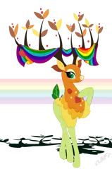 Size: 955x1500 | Tagged: artist:miniferu, branches for antlers, derpibooru import, dryad, gay, gay pride flag, going to seed, headcanon, hoof on chest, lgbt, lgbt headcanon, male, pride, pride flag, pride month, safe, sexuality headcanon, simple background, the great seedling, transparent background