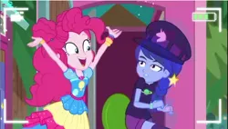 Size: 965x549 | Tagged: safe, derpibooru import, screencap, pinkie pie, space camp (character), equestria girls, equestria girls series, five lines you need to stand in, spoiler:eqg series (season 2), not luna, outhouse, surprised