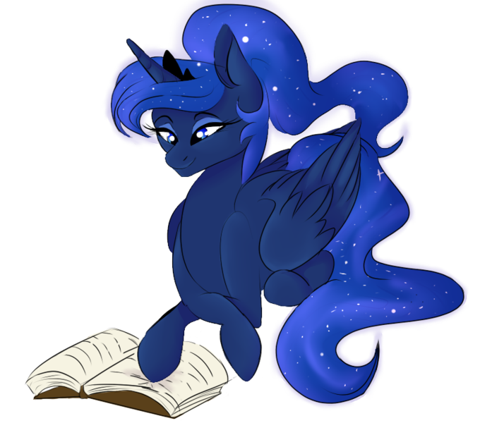 Size: 797x703 | Tagged: safe, artist:citrus-flamingo, derpibooru import, princess luna, alicorn, pony, alternate hairstyle, barehoof, beautiful, book, comfortable, crossed hooves, crown, cute, ethereal mane, ethereal tail, eyeshadow, female, flowing mane, flowing tail, folded wings, jewelry, lunabetes, makeup, mare, ponytail, prone, reading, regalia, simple background, smiling, solo, starry mane, transparent background, wings
