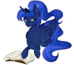 Size: 797x703 | Tagged: safe, artist:citrus-flamingo, derpibooru import, princess luna, alicorn, pony, alternate hairstyle, barehoof, beautiful, book, comfortable, crossed hooves, crown, cute, ethereal mane, ethereal tail, eyeshadow, female, flowing mane, flowing tail, folded wings, jewelry, lunabetes, makeup, mare, ponytail, prone, reading, regalia, simple background, smiling, solo, starry mane, transparent background, wings
