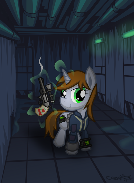 Size: 1285x1755 | Tagged: safe, artist:cazra, derpibooru import, oc, oc:littlepip, pony, unicorn, fallout equestria, fanfic, clothes, fanfic art, female, glowing horn, gun, handgun, hooves, horn, levitation, little macintosh, magic, mare, optical sight, pipbuck, revolver, scope, smiling, solo, stable, telekinesis, vault suit, weapon