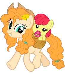 Size: 2800x3200 | Tagged: safe, artist:cheezedoodle96, derpibooru import, apple bloom, pear butter, earth pony, pony, going to seed, .svg available, adorabloom, baby, baby apple bloom, baby pony, basket, bright mac's hat, buttercup, cowboy hat, cute, female, flower, flower in hair, foal, hat, mare, mother and child, mother and daughter, pearabetes, simple background, smiling, svg, transparent background, vector, walking, younger