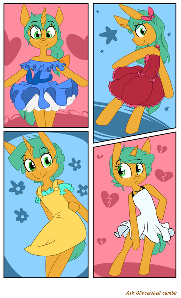 Size: 1167x1920 | Tagged: safe, artist:kryptchild, derpibooru import, snails, pony, semi-anthro, unicorn, ask glitter shell, alternate hairstyle, bipedal, clothes, crossdressing, cute, diasnails, dress, glitter shell, male, modeling, shellbetes, solo