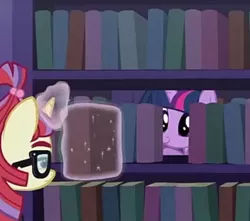 Size: 583x515 | Tagged: safe, derpibooru import, screencap, moondancer, twilight sparkle, twilight sparkle (alicorn), alicorn, pony, unicorn, amending fences, annoyed, book, bookshelf, cropped, duo, female, frown, glare, glowing horn, happy, horn, levitation, library, magic, magic aura, mare, smiling, telekinesis