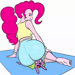 Size: 2000x2000 | Tagged: suggestive, artist:a_friendly_guest, derpibooru import, pinkie pie, spike, dog, equestria girls, ass, balloonbutt, barefoot, breasts, busty pinkie pie, butt, clothes, faceful of ass, facesitting, facesitting on spike, feet, female, looking at you, ponytail, sitting, sitting on person, spandex, spike the dog, tights