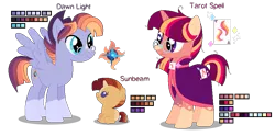 Size: 917x453 | Tagged: safe, artist:awoomarblesoda, derpibooru import, oc, oc:dawn light, oc:sunbeam, oc:tarot spell, unofficial characters only, pegasus, pony, unicorn, baby, baby pony, base used, cloak, clothes, female, glasses, male, mare, offspring, parent:sunburst, parent:twilight sparkle, parents:twiburst, reference sheet, simple background, stallion, transparent background