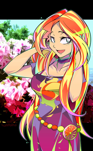 Size: 1200x1934 | Tagged: safe, artist:tyuubatu, derpibooru import, sunset shimmer, human, equestria girls, equestria girls series, breasts, busty sunset shimmer, clothes, cutie mark, cutie mark on clothes, dress, female, geode of empathy, magical geodes, open mouth, solo