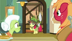 Size: 1920x1080 | Tagged: safe, derpibooru import, screencap, apple bloom, big macintosh, granny smith, pony, going to seed, bag, helmet, net, rope, saddle bag