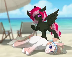 Size: 1716x1368 | Tagged: safe, artist:shady-bush, derpibooru import, oc, oc:off menu, oc:strawberry soda, unofficial characters only, pegasus, pony, beach, beach chair, drugged, drugs, female, male, mare, ocean, prank, prone, stallion, umbrella