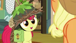 Size: 1920x1080 | Tagged: safe, derpibooru import, screencap, apple bloom, applejack, pony, going to seed, adorabloom, bag, cute, helmet, net, saddle bag, solo focus