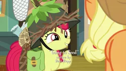 Size: 1920x1080 | Tagged: safe, derpibooru import, screencap, apple bloom, applejack, earth pony, pony, going to seed, adorabloom, bag, butterfly net, cute, dave rapp, female, filly, foal, helmet, saddle bag, solo focus