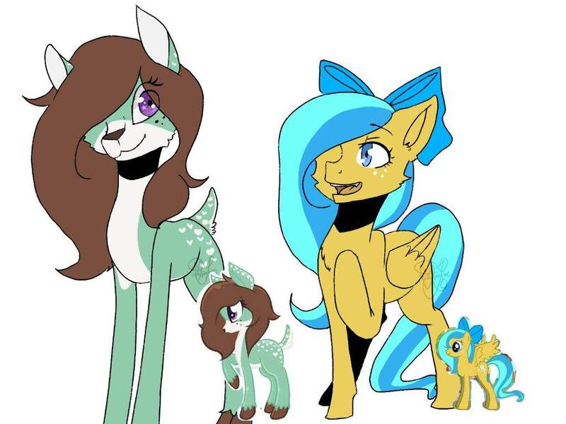 Size: 1024x768 | Tagged: safe, artist:pinkiepayme, derpibooru import, oc, oc:mint chip, oc:ocean shore, unofficial characters only, deer, pegasus, pony, bow, deer oc, lowres, old design, pegasus oc, wings