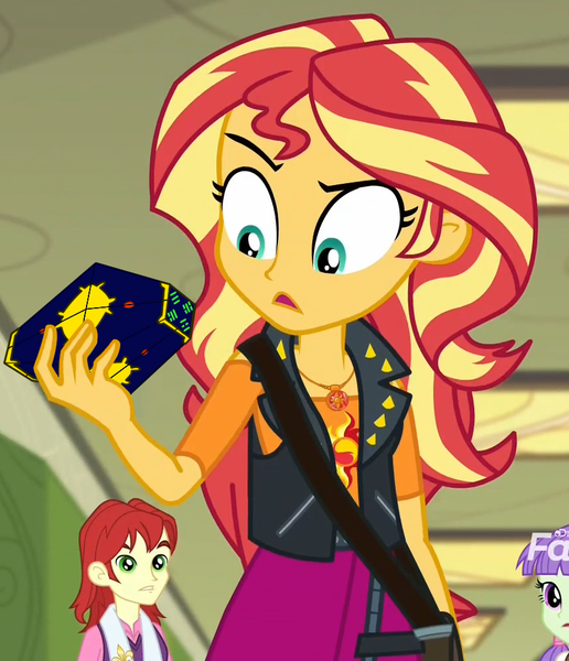 Size: 860x1000 | Tagged: safe, derpibooru import, edit, edited screencap, screencap, nolan north, starlight, sunset shimmer, equestria girls, equestria girls series, forgotten friendship, background human, cropped, discovery family logo, jackie chan adventures, meme, pan'ku box, sunset holding things