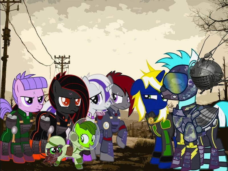 Size: 1024x767 | Tagged: semi-grimdark, artist:radbat, derpibooru import, edit, oc, oc:blood moon, oc:greenleafy, oc:lura shywings, oc:nebula blitz, oc:radbat, oc:shaded dash, oc:temmie, oc:time vortex (th3bluerose), unofficial characters only, pony, fallout equestria, eyebot, old art, old design, recolor