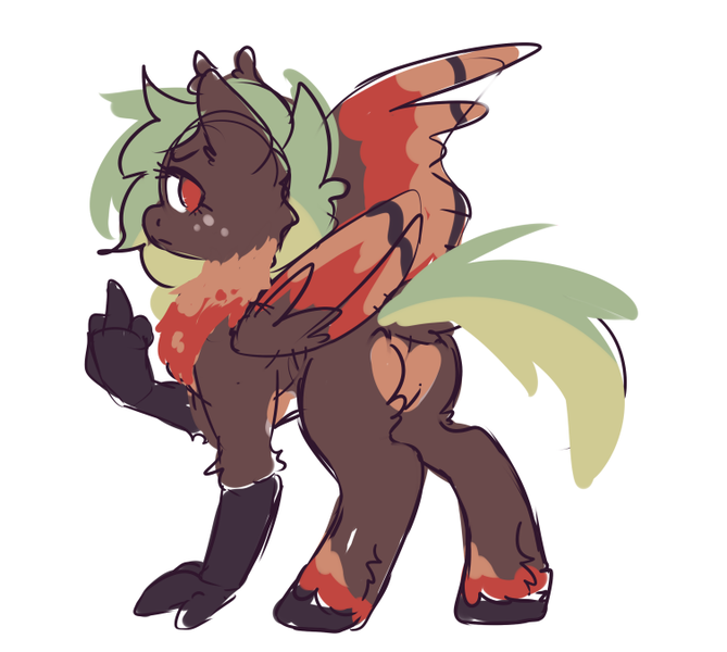 Size: 754x676 | Tagged: annoyed, artist:ruef, chest feathers, derpibooru import, freckles, grabby boi, heart, heart butt, heart mark, hippogriff, looking back, markings, middle finger, oc, oc:terracotta, safe, talons, vulgar