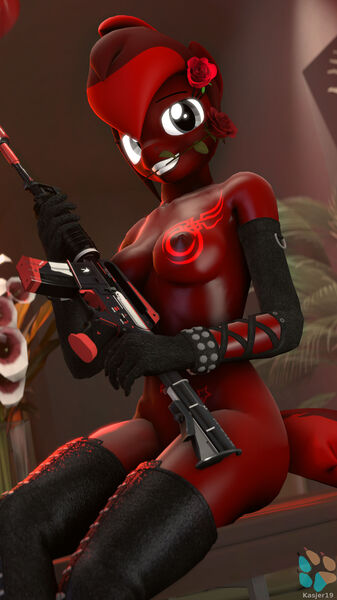 Size: 1280x2276 | Tagged: 3d, anthro, artist:kasjer19, breasts, derpibooru import, gun, nipples, nudity, oc, oc:sata, questionable, source filmmaker, unofficial characters only, weapon