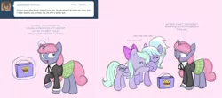 Size: 1496x665 | Tagged: safe, artist:carnifex, derpibooru import, cloudchaser, flitter, oc, oc:velvet, pegasus, pony, unicorn, ask velvet, ask, bow, clothes, dialogue, eyes closed, female, glowing horn, horn, laughing, magic, mare, pink background, plaid skirt, raised hoof, simple background, skirt, telekinesis, tumblr