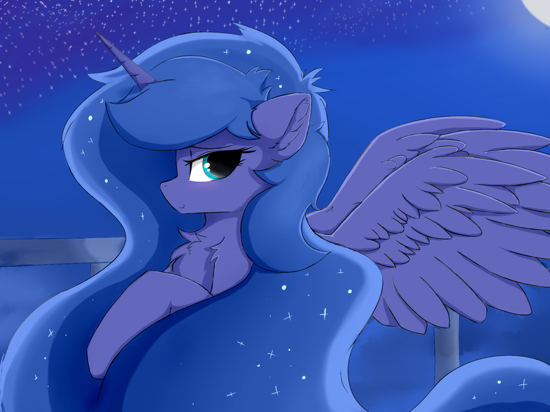 Size: 1600x1200 | Tagged: safe, artist:d.w.h.cn, derpibooru import, princess luna, alicorn, pony, blushing, bust, chest fluff, cute, ear fluff, ethereal mane, female, horn, lunabetes, mare, moon, night, portrait, profile, solo, spread wings, starry mane, stars, wings