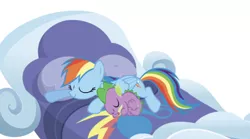 Size: 536x299 | Tagged: artist needed, safe, derpibooru import, edit, editor:undeadponysoldier, rainbow dash, spike, dragon, pegasus, pony, bed, blanket, cloud bed, cute, daaaaaaaaaaaw, dashabetes, eyes closed, female, male, mare, open mouth, pillow, rainbowspike, shipping, simple background, sleeping, sleeping together, spikabetes, spikelove, straight, white background