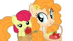 Size: 1280x720 | Tagged: safe, artist:moonlightdisney5, derpibooru import, apple bloom, pear butter, pony, going to seed, adorabloom, apple, baby, baby apple bloom, baby pony, basket, buttercup, cute, daaaaaaaaaaaw, female, food, freckles, mother and child, mother and daughter, screenshot redraw, simple background, transparent background, younger