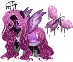 Size: 1400x1200 | Tagged: safe, artist:cherryblossoms-bases, artist:gihhbloonde, derpibooru import, oc, oc:crystal darkness, unofficial characters only, angel pony, demon, demon pony, hybrid, original species, pegasus, pony, angel, armor, cloak, clothes, colored sclera, eye scar, female, halo, hoof shoes, mare, open mouth, raised hoof, robe, scar, simple background, solo, transparent background