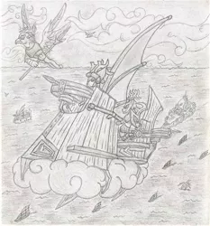 Size: 830x892 | Tagged: airship, artist:smt5015, boat, cloud, crossbow, deer, derpibooru import, elaphogriff, grayscale, helmet, leather armor, monochrome, original species, pencil drawing, safe, ship, skull, spear, traditional art, weapon