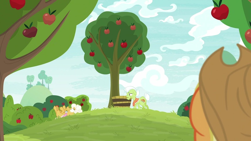 Size: 1920x1080 | Tagged: safe, derpibooru import, screencap, applejack, goldie delicious, granny smith, pony, going to seed, apple, apple tree, basket, on back, tree