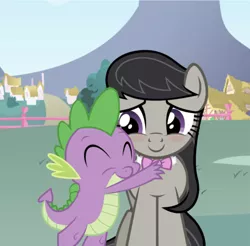 Size: 639x630 | Tagged: safe, derpibooru import, edit, edited screencap, editor:undeadponysoldier, screencap, octavia melody, spike, dragon, earth pony, pony, adorable face, blushing, bow, collar, crack shipping, cute, daaaaaaaaaaaw, eyes closed, female, fence, happy, house, hug, love, male, mare, ponyville, shipping, smiling, spikelove, spiketavia, straight, tavibetes