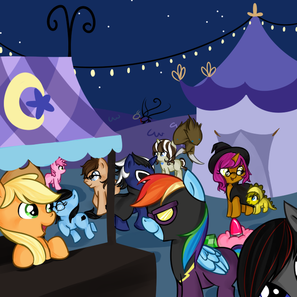 Size: 700x700 | Tagged: safe, artist:askpeaceful-shimmer, derpibooru import, applejack, rainbow dash, ruby pinch, oc, oc:aulann, oc:full force, oc:john redmond, oc:lovelace, oc:peaceful shimmer, oc:prosopeio, oc:silver overlord, oc:sweet star, pony, clothes, costume, female, filly, nightmare night costume, shadowbolts costume