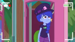 Size: 1280x720 | Tagged: safe, derpibooru import, screencap, space camp (character), equestria girls, equestria girls series, five lines you need to stand in, spoiler:eqg series (season 2), background character, background human, braided ponytail, hat, not luna, outhouse