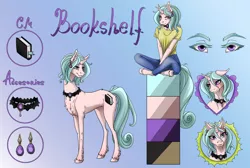 Size: 1486x1000 | Tagged: safe, artist:tri-edge, derpibooru import, oc, oc:bookshelf, anthro, unicorn, accessories, amethyst, blushing, book, bookmark, chest fluff, choker, clothes, color palette, commission, ear piercing, earring, gradient background, heart eyes, jeans, jewelry, pants, piercing, reference sheet, shirt, solo, t-shirt, unshorn fetlocks, wingding eyes, ych result
