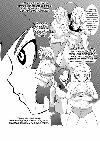 Size: 2961x4188 | Tagged: applejack, artist:0ryomamikado0, breasts, busty pinkie pie, clothes, comic, comic:doki doki harmony, derpibooru import, dialogue, dusk shine, fluttershy, human, humanized, monochrome, pinkie pie, rainbow dash, rarity, rule 63, safe, sarashi, torn clothes, twilight sparkle