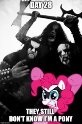 Size: 500x749 | Tagged: safe, derpibooru import, pinkie pie, earth pony, human, pony, axe, black and white, black metal, black metal ist kreig, corpse paint, female, grayscale, immortal, kvlt, mare, meme, metal, monochrome, pinkabetes, weapon