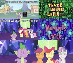 Size: 639x554 | Tagged: safe, derpibooru import, edit, edited screencap, editor:undeadponysoldier, screencap, apple bloom, scootaloo, spike, sweetie belle, dragon, earth pony, pegasus, pony, unicorn, bow, caption, castle, cutie mark crusaders, excalibur face, female, fence, filly, funny, funny as hell, happy, house, image macro, male, meme face, mentally scarred, movie, open mouth, plankton paranoia, scarred for life, snooze you lose, soul eater, spongebob time card, teeth, text, time card, where the dead go to die, where the dead go to die drama, window