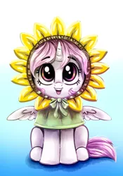 Size: 2796x3993 | Tagged: safe, artist:rysunkowasucharia, derpibooru import, princess celestia, alicorn, pony, cewestia, clothes, costume, cute, cutelestia, female, filly, flower, gradient background, open mouth, sitting, solo, sunflower, weapons-grade cute, younger