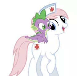 Size: 750x746 | Tagged: safe, derpibooru import, edit, editor:undeadponysoldier, nurse redheart, spike, dragon, earth pony, pony, adorable face, adoredheart, crack shipping, cute, daaaaaaaaaaaw, dragons riding ponies, female, hair bun, happy, hat, looking at each other, male, mare, nurse, nurse hat, open mouth, raised hoof, riding, shipping, simple background, smiling, spikeheart, spikelove, straight, white background